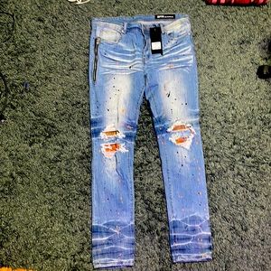 GFTD Los Angeles blue with orange and black splatter jeans